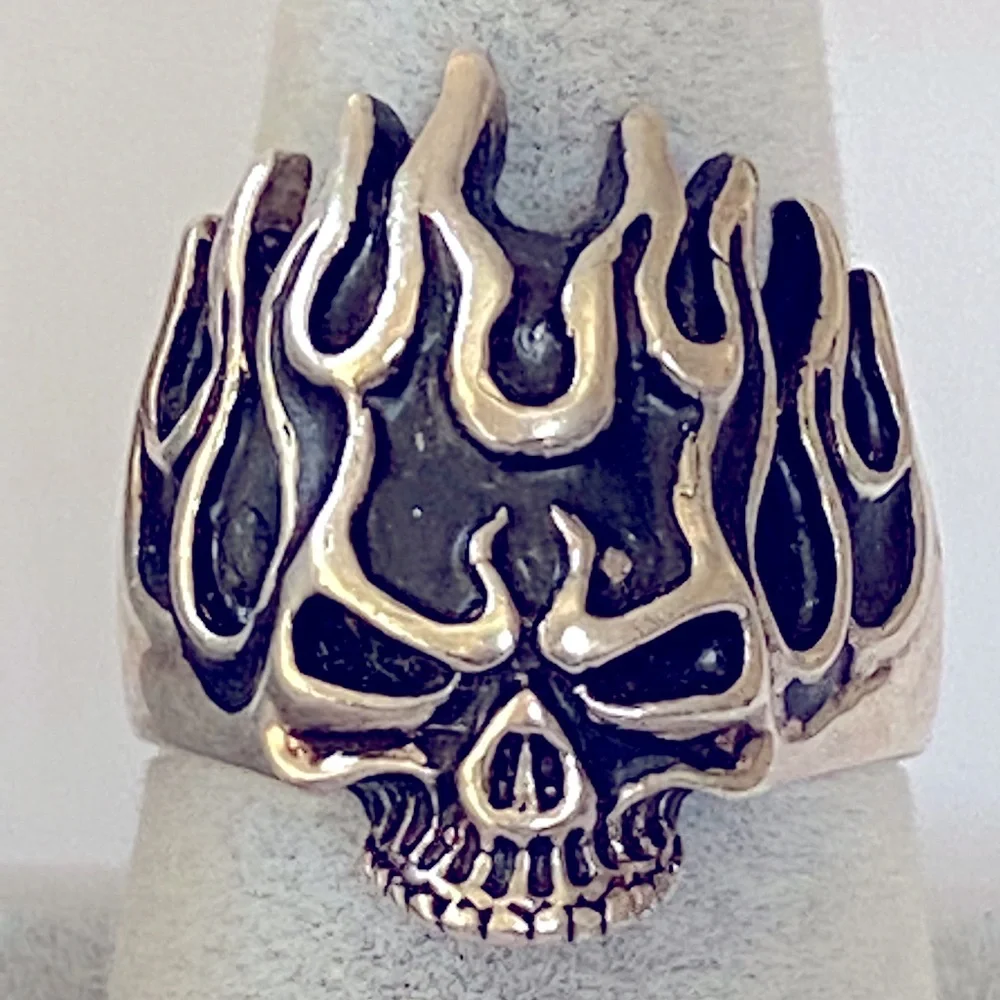 925 Silver flame skull ring burn burning head